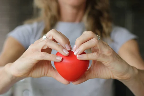 Closeup Woman Hands Holding Red Heart Sending Out Love World — Stock Photo, Image