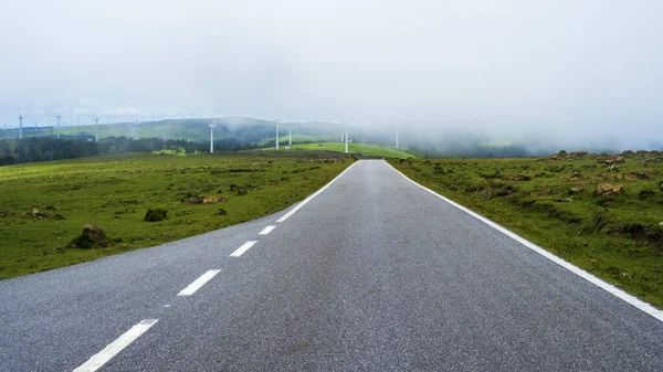 Foggy mountain road with wind turbines in the background in Asturias