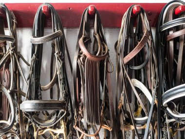 At eyerleri ve koşumlar ahırda.