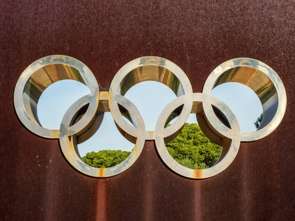 Олимпийские Кольца Олимпийских Игр Фоне Олимпийских Игр — стоковое фото