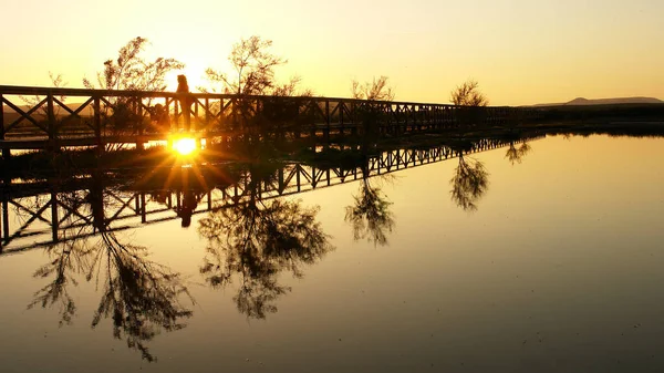 Закат Деревянном Мосту Лагуне Фуэнте Пьедра Малага — стоковое фото