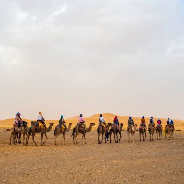 Merzouga, Fas. Eylül 2021. Fas 'ın Sahra Çölü' nde turistlerle dolu deve ve ve dromedary karavanı..