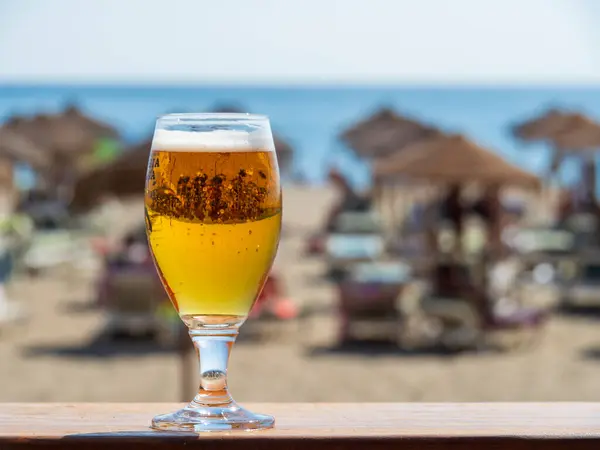 beer in a glass on the beach. beer on the background of the sea.