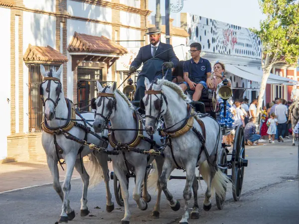 Fuengirola, Malaga, İspanya. 10/12/2023. Ekim fuarı boyunca Fuengirola sokaklarında at sırtında tipik Endülüs kostümü giymiş kadınlar.