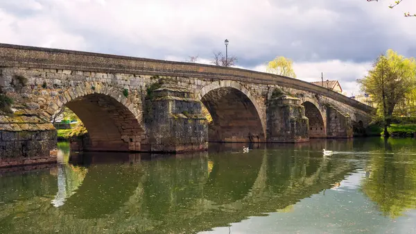 Altında kuğu yüzen bir nehir köprüsü.