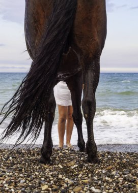 Sahilde atın yanında duran bir kadın.