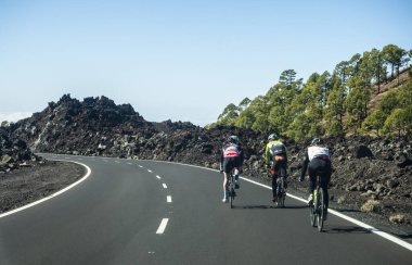 Teg, tenerife, İspanya, Teide volkan yoluna çıkan bisikletçiler.