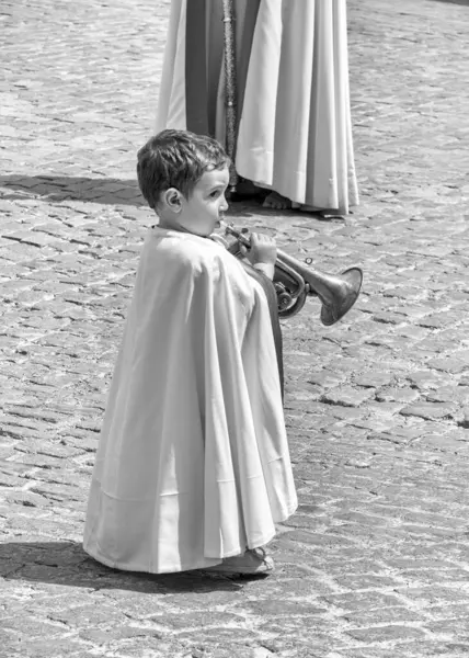 Ubeda Jaen Spain 2022 Boy Playing Trumpet Dressed Nazarene Holy — Stock Photo, Image