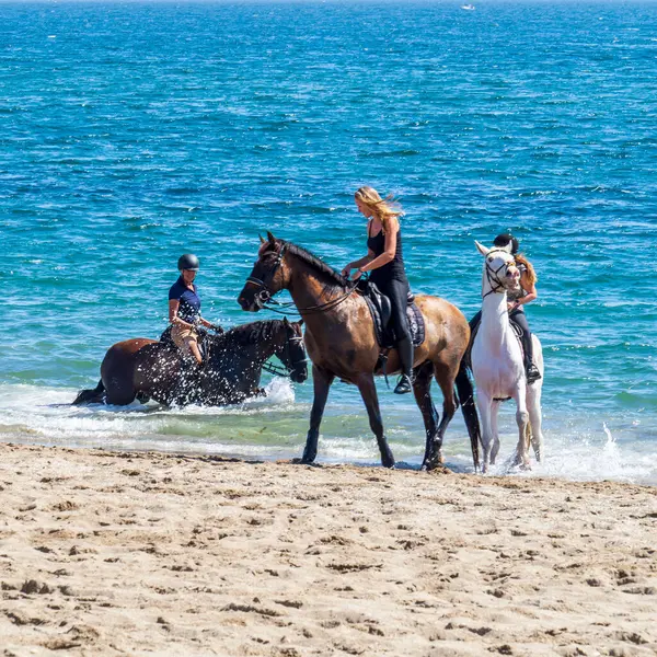 Mijas, Malaga, İspanya. 03/15/2024. La Cala, Mijas, İspanya sahillerinde geleneksel at binicileri konsantrasyonu.