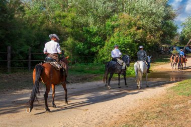 Mayıs 2024. İspanya 'nın Huelva eyaletinin Almonte kasabasındaki El Rocio kasabasında sona eren hac yolculuğunu at sırtında, at arabasında ve yaya olarak yapanlar.
