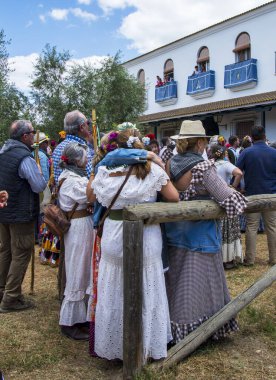 Almonte, Huelva, İspanya. Her yaştan ve kökenden gelen hacılar Doana Doğal Parkı 'nın kumları üzerinden yaya, at sırtında veya at arabasıyla El Roco köyüne giderler..