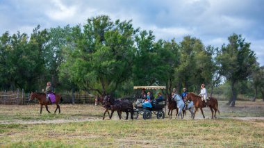 Almonte, Huelva, Spain. 05/16/2024.  Group of pilgrims on foot following the ox cart at the entrance to Almonte, during the pilgrimage of the Romera del Rocio. clipart