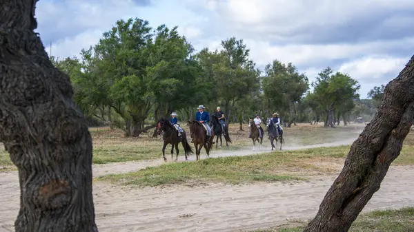 stock image  Pilgrims on horseback making their way through the marshes of the Doana National Park during the annual pilgrimage to the village of El Rocio in Almonte, Huelva.