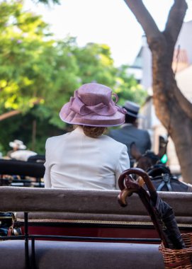 Fuengirola, İspanya. 09/23/2024. İnsanlar tipik Endülüs kostümleri giyip Fuengirola 'daki At Günü kutlamalarında klasik bir arabaya biniyorlardı..