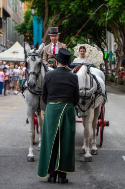 Fuengirola, İspanya. 09/23/2024. İnsanlar tipik Endülüs kostümleri giyip Fuengirola 'daki At Günü kutlamalarında klasik bir arabaya biniyorlardı..