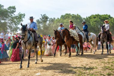 Huelva, Endülüs, İspanya. 4 Haziran 2025. Geleneksel hac yolculuğu sırasında Doana Ulusal Parkı 'nın toprak yollarında yürüyen hacılar.