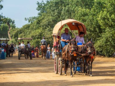 Huelva, Endülüs, İspanya. 4 Haziran 2025. Geleneksel El Roco Bakiresi onuruna Doana Milli Parkı 'nın toprak yollarında yürüyen hacılar..