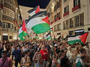 Malaga, İspanya. 29 Ağustos 2025. Göstericiler, İsrail hükümeti tarafından Gazze 'de işlenen soykırıma son verilmesi çağrısında bulunmak üzere Malaga' da toplandı..