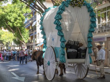 Fuengirola, Mlaga, İspanya. 28 Eylül 2025. Fuengirola Bakiresi 'nin kutsal yolculuğu için süslü arabaların arkasında geleneksel Endülüs kostümleri giyen geniş insan grupları..