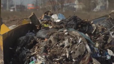 Konut alanlarının yakınında büyük miktarlarda ev atığı birikmiş. Ev atıklarının kullanımı. Çevre kirliliği. Ekolojik felaket.