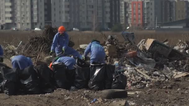Müllsortierkonzept Männer Und Frauen Füllen Verschiedene Abfälle Spezielle Müllsäcke Sie — Stockvideo