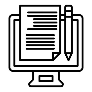 computer and pencil icon. outline laptop and book vector symbol. isolated design.