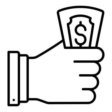 hand holding money cash icon. outline dollar bill vector symbol for web design isolated on white background