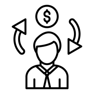 Dolar işareti ikon vektörü olan bir iş adamı. İnce çizgi sembolü. izole edilmiş sınır elemanı çizimi