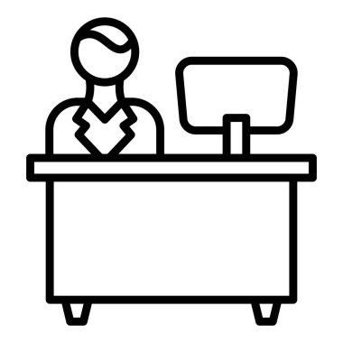 business man with computer and chair line icon vector. outline office reception sign. isolated symbol illustration