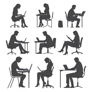 Erkek ve kadın vektör siluetleri, bir grup daimi iş adamı, beyaz arka planda izole siyah renk.