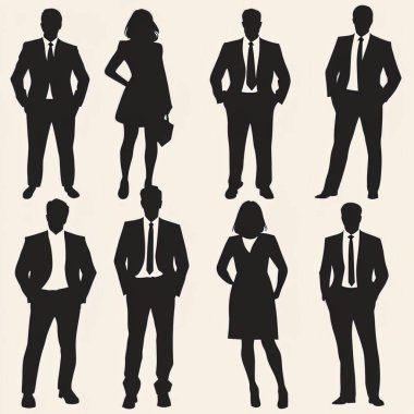 Erkek ve kadın vektör siluetleri, bir grup daimi iş adamı, beyaz arka planda izole siyah renk.