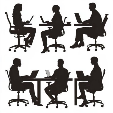 Erkek ve kadın vektör siluetleri, bir grup daimi iş adamı, beyaz arka planda izole siyah renk.