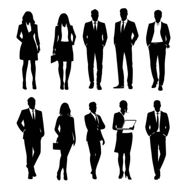 Erkek ve kadın vektör siluetleri, bir grup daimi iş adamı, beyaz arka planda izole siyah renk.