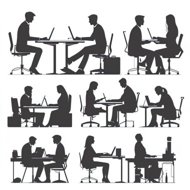 Erkek ve kadın vektör siluetleri, bir grup daimi iş adamı, beyaz arka planda izole siyah renk.