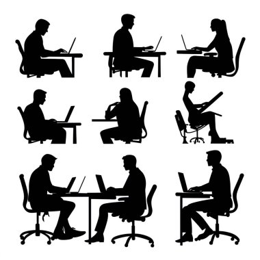 Erkek ve kadın vektör siluetleri, bir grup daimi iş adamı, beyaz arka planda izole siyah renk.