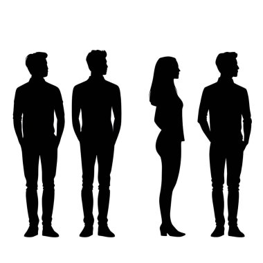 Erkek ve kadın vektör siluetleri, bir grup daimi iş adamı, beyaz arka planda izole siyah renk.