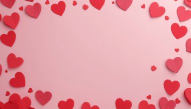 Pembe arka planda kağıt kalpler ve mesaj için yer. en üstteki görünüm