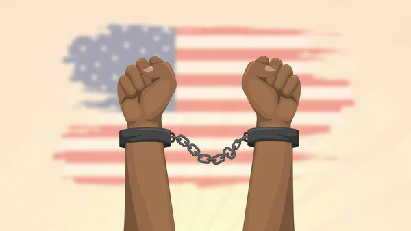 Shackled hands in front of American flag