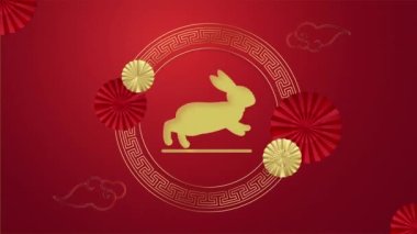 Chinese happy new year on red background with rabbit