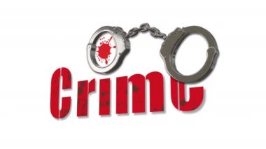 Handcuffs with crime written on white background and red blood splatter