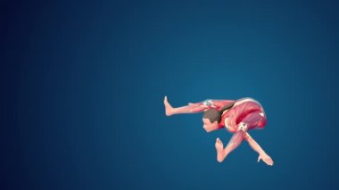 3D human Kurmasana yoga pose on blue background, loopable