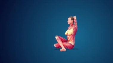 3D insan Gomukhasana ya da inek, mavi arka planda yoga pozu verdi.