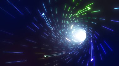 Neon illuminating rays moving inside computerised technological tunnel