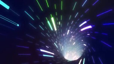 Neon illuminating rays moving inside computerised technological tunnel
