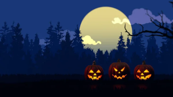 Halloween Themed Background Pumpkins Witch Flying Full Moon Sky — Stock Photo, Image
