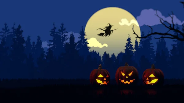ハロウィンをテーマにした背景にはカボチャと魔女が満月の空を飛んでいます — ストック写真
