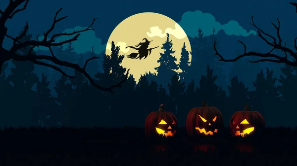 Hintergrund Halloween Mit Kürbissen Und Fliegender Hexe — Stockfoto