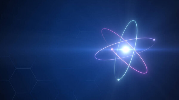 Unstable Atom nucleus with electrons spinning around it technology background