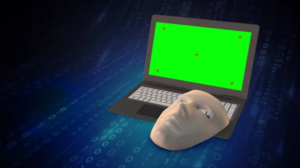 Máscara Hacker Laptop Com Tela Cromática Para Conceito Segurança Cibernética — Fotografia de Stock