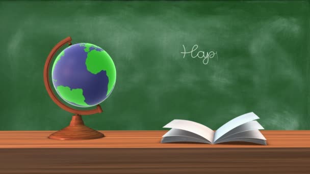 老师们在黑板上快乐的一天 带着一个旋转的地球仪和一本书 — 图库视频影像